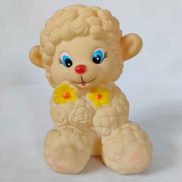 Vintage Squeaky Toy Lamb Holding Yellow Flowers Baby Sheep Rubber Squeaking Toy - Picture 1 of 9